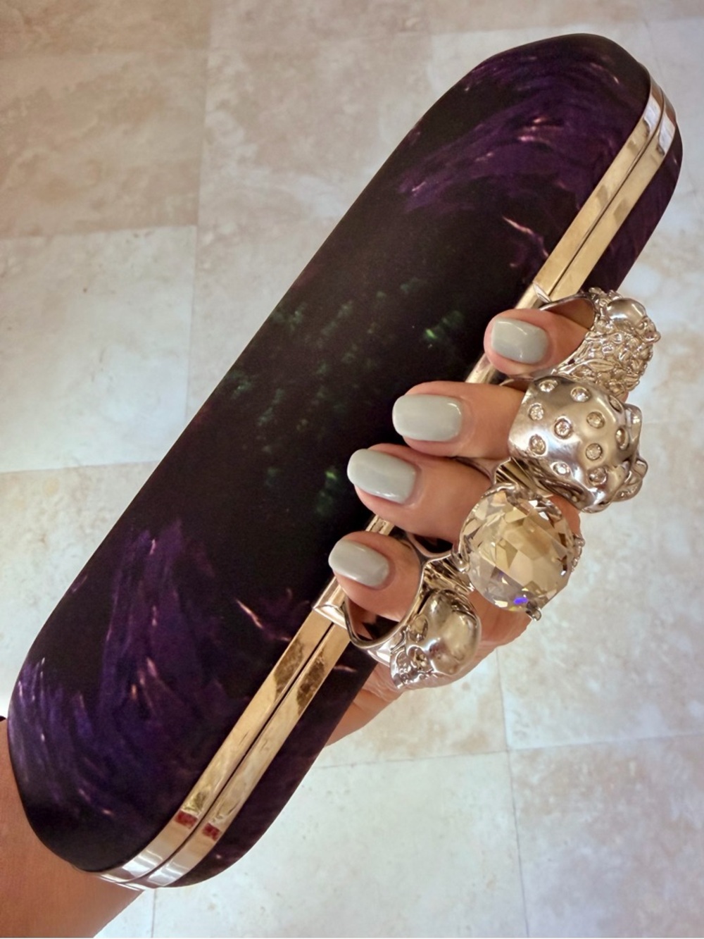 Alexander McQueen Silver Crystal Skull Four-Finger Ring Knuckle Satin Clutch - Picture 2 of 16